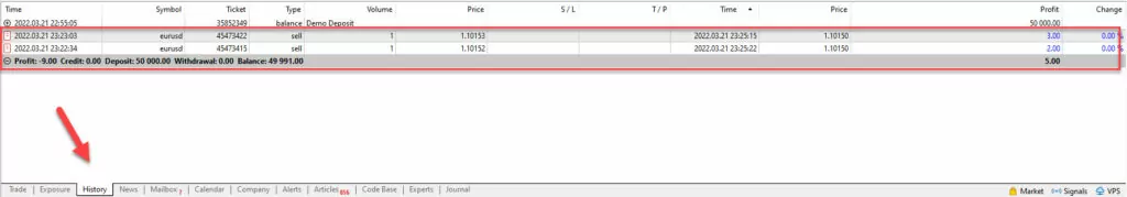تاريخ الصفقات على الميتا تريدر 5